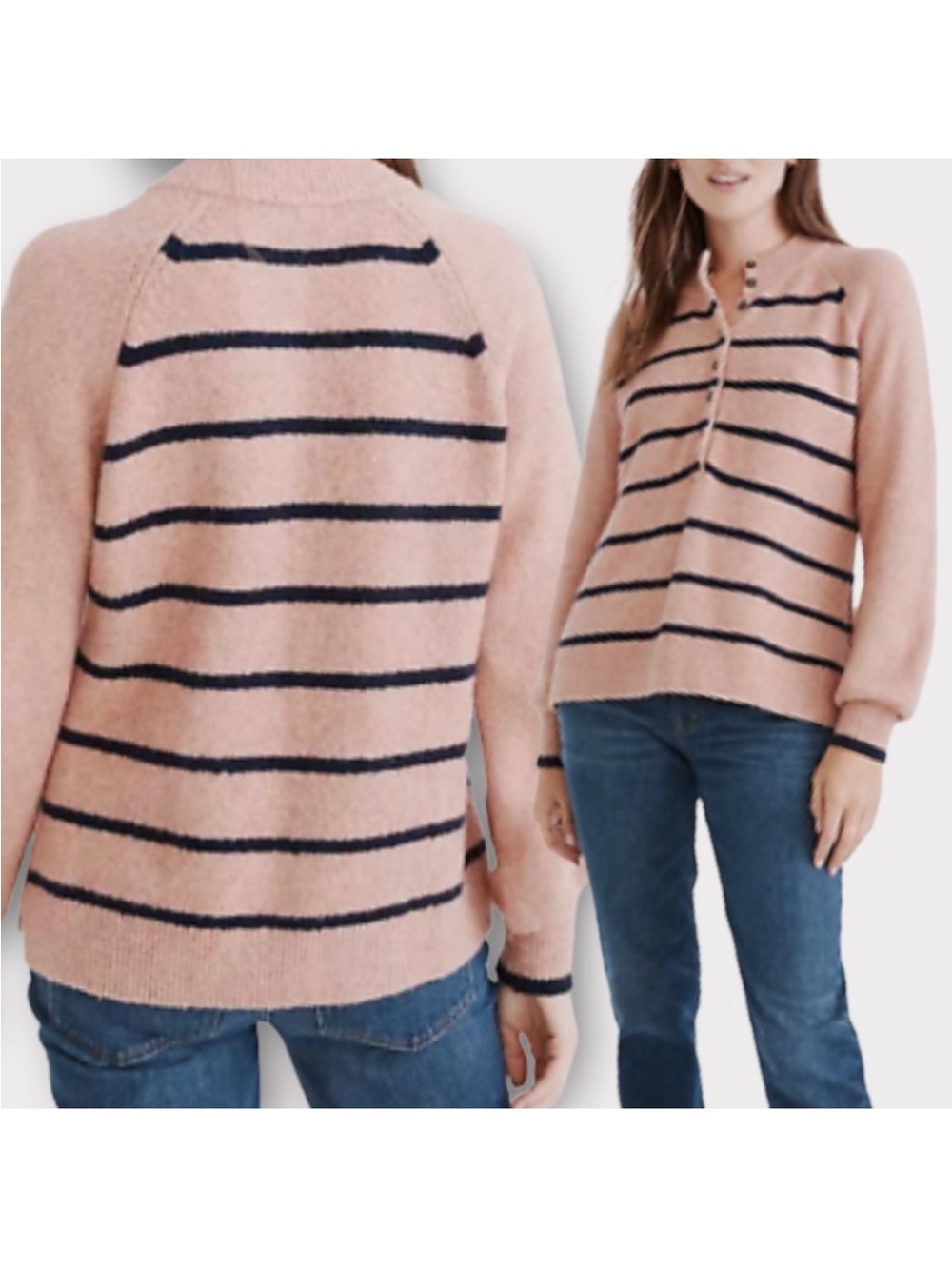 Madewell Pink and Navy Striped Crewneck Sweater
